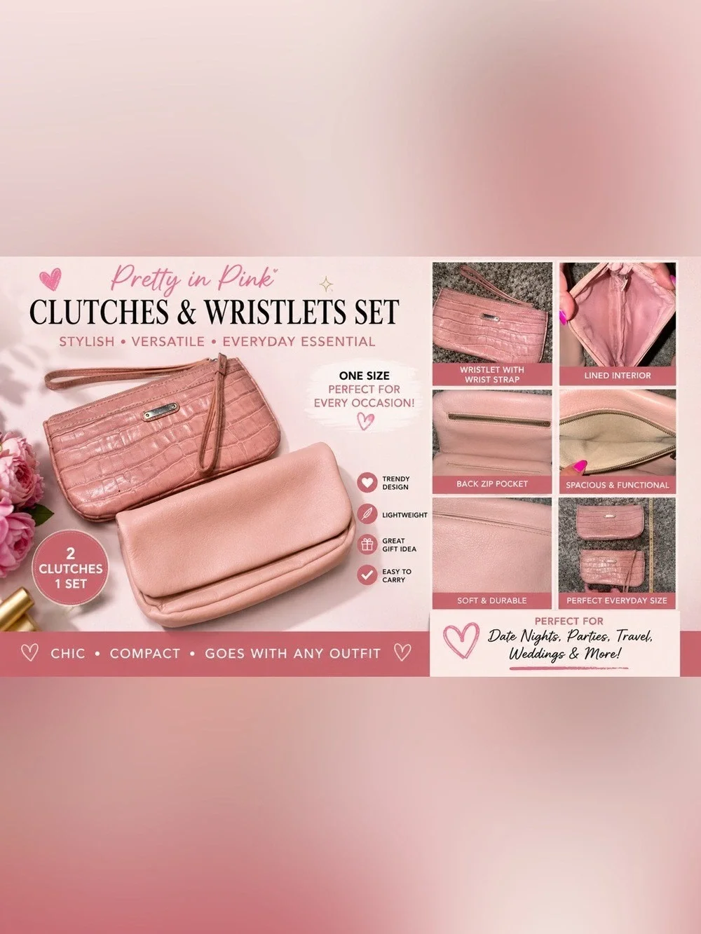 Pink Faux Leather Clutch & Croc Wristlet Set Y2K Coquette